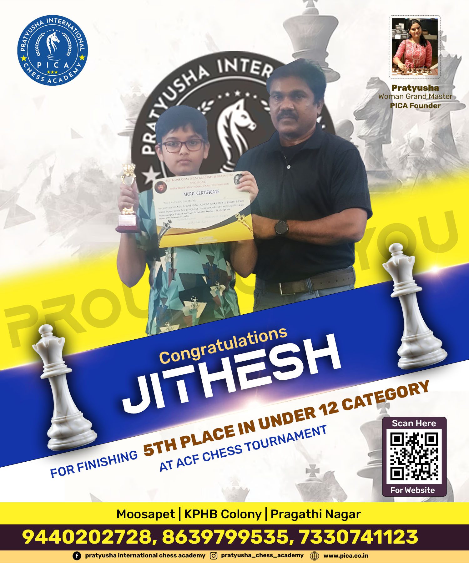 Congratulations Jithesh for finishing 5th Place in Under-12 Category at the ACF Chess Tournament!
Your dedication and love for the game truly show on the board. Keep rising! ⭐♟

#PICA #PratyushaChessAcademy #Jithesh #Under12 #ACFChessTournament #ChessChampion #YoungPlayer #ChessSkills #ProudMoment
